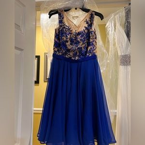 Sherri Hill gorgeous royal blue dress with nude mesh & sequins across chest.